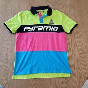 Black Pyramid Men's Polo Shirt Size Small Color Block 90s Style Neon All Cotton